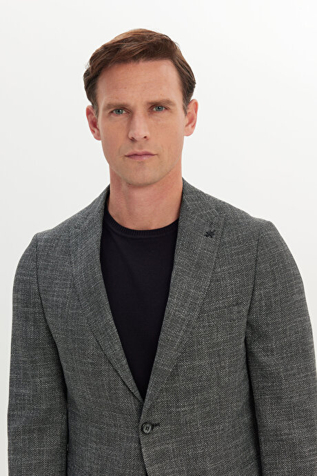 Slim Fit Dar Kesim Kırlangıç Yaka Desenli Blazer Siyah-Beyaz Ceket resmi