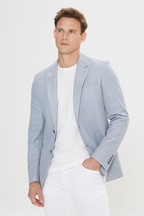 Pamuklu Slim Fit Dar Kesim Kırlangıç Yaka Torba Cepli Mavi Ceket resmi