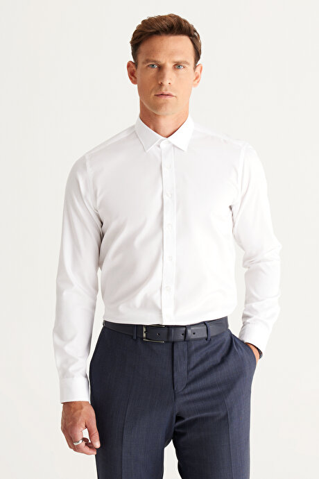 Ütü Gerektirmeyen Non-Iron Taılored Slim Fit Dar Kesim %100 Pamuk Beyaz Gömlek resmi