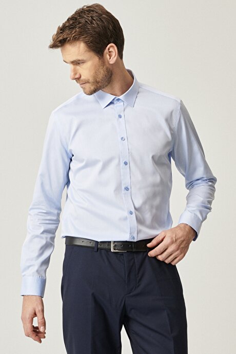 Ütü Gerektirmeyen Non-Iron Taılored Slim Fit Dar Kesim %100 Pamuk Açık Mavi Gömlek resmi