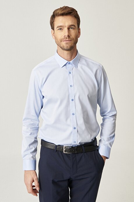 Ütü Gerektirmeyen Non-Iron Taılored Slim Fit Dar Kesim %100 Pamuk Açık Mavi Gömlek resmi