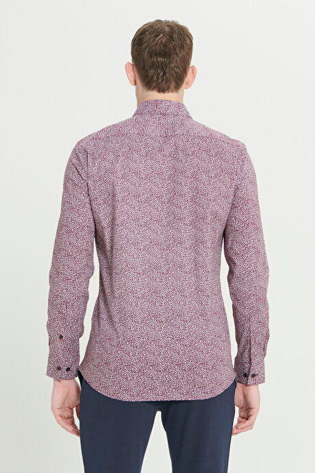 Pamuklu Slim Fit Dar Kesim Klasik Yaka Baskılı Bordo-Beyaz Gömlek resmi