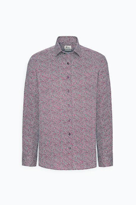 Pamuklu Slim Fit Dar Kesim Klasik Yaka Baskılı Bordo-Beyaz Gömlek resmi
