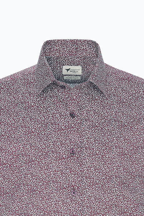 Pamuklu Slim Fit Dar Kesim Klasik Yaka Baskılı Bordo-Beyaz Gömlek resmi