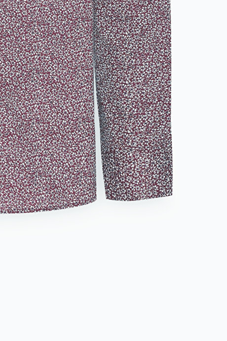 Pamuklu Slim Fit Dar Kesim Klasik Yaka Baskılı Bordo-Beyaz Gömlek resmi