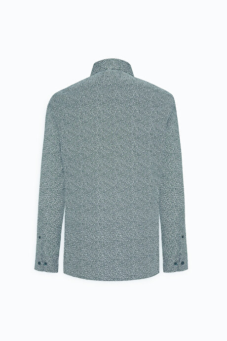 Pamuklu Slim Fit Dar Kesim Klasik Yaka Baskılı Yeşil-Beyaz Gömlek resmi