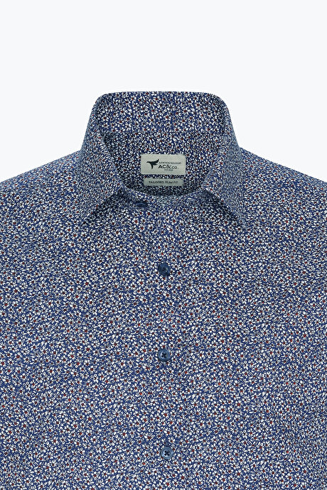 Pamuklu Slim Fit Dar Kesim Klasik Yaka Baskılı Mavi-Beyaz Gömlek resmi