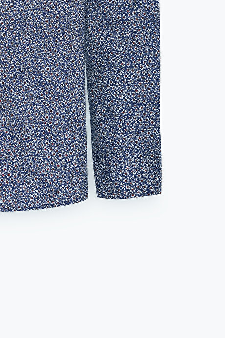 Pamuklu Slim Fit Dar Kesim Klasik Yaka Baskılı Mavi-Beyaz Gömlek resmi