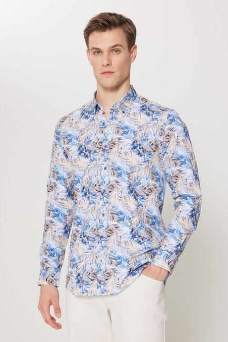 %100 Pamuk Slim Fit Dar Kesim Düğmeli Yaka Baskılı Beyaz-Mavi Gömlek resmi