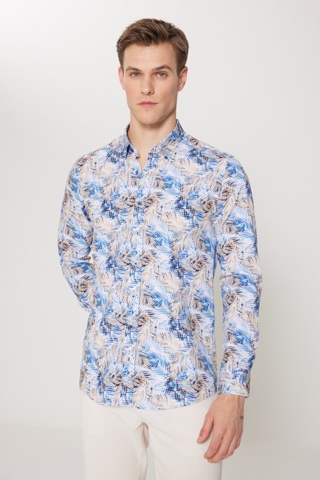 %100 Pamuk Slim Fit Dar Kesim Düğmeli Yaka Baskılı Beyaz-Mavi Gömlek resmi