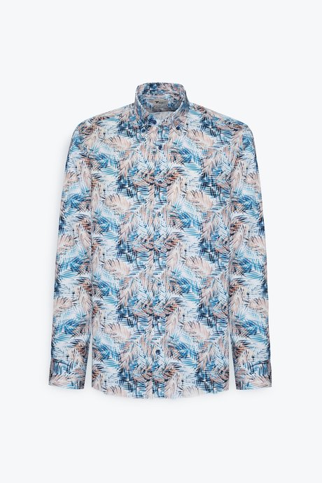 %100 Pamuk Slim Fit Dar Kesim Düğmeli Yaka Baskılı Beyaz-Mavi Gömlek resmi