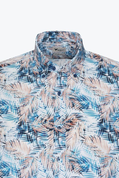 %100 Pamuk Slim Fit Dar Kesim Düğmeli Yaka Baskılı Beyaz-Mavi Gömlek resmi