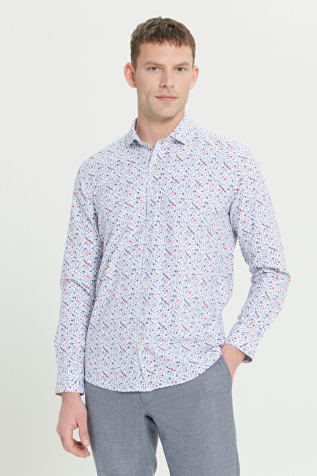 Pamuklu Slim Fit Dar Kesim Küçük İtalyan Yaka Baskılı Beyaz-Lacivert Gömlek resmi