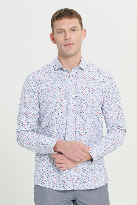 Pamuklu Slim Fit Dar Kesim Küçük İtalyan Yaka Baskılı Beyaz-Lacivert Gömlek resmi