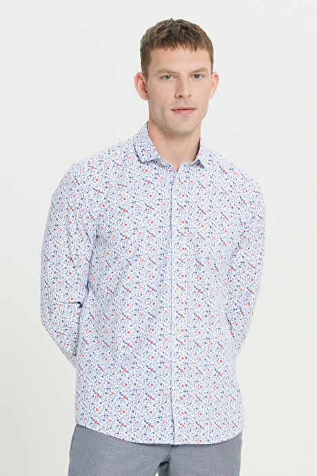 Pamuklu Slim Fit Dar Kesim Küçük İtalyan Yaka Baskılı Beyaz-Lacivert Gömlek resmi