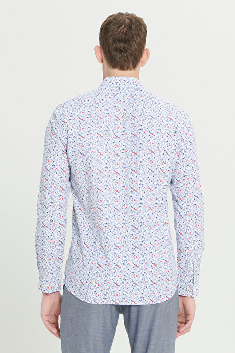 Pamuklu Slim Fit Dar Kesim Küçük İtalyan Yaka Baskılı Beyaz-Lacivert Gömlek resmi