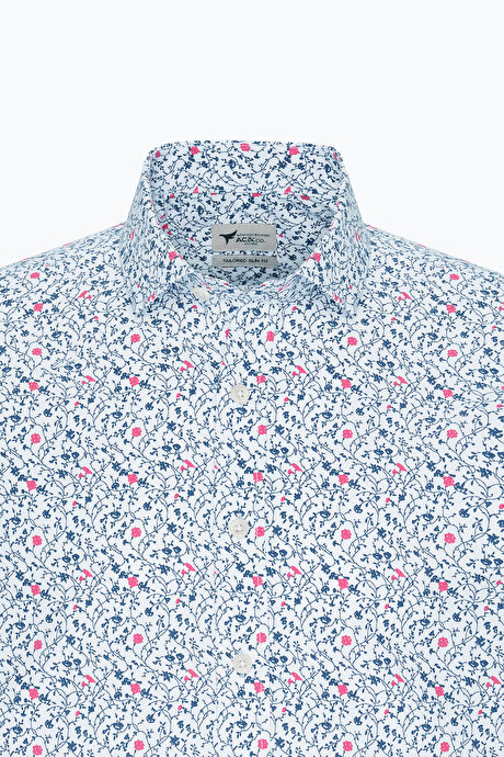 Pamuklu Slim Fit Dar Kesim Küçük İtalyan Yaka Baskılı Beyaz-Lacivert Gömlek resmi