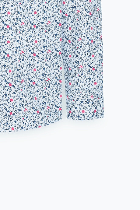 Pamuklu Slim Fit Dar Kesim Küçük İtalyan Yaka Baskılı Beyaz-Lacivert Gömlek resmi