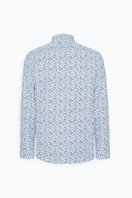 Pamuklu Slim Fit Dar Kesim Küçük İtalyan Yaka Baskılı Beyaz-Lacivert Gömlek resmi