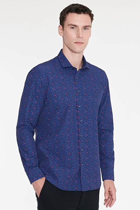Pamuklu Slim Fit Dar Kesim Küçük İtalyan Yaka Baskılı Lacivert-Mavi Gömlek resmi