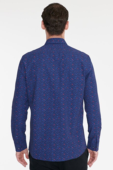 Pamuklu Slim Fit Dar Kesim Küçük İtalyan Yaka Baskılı Lacivert-Mavi Gömlek resmi