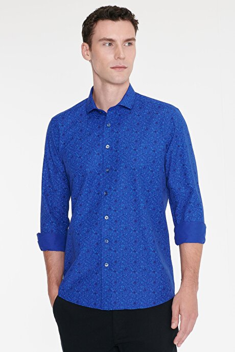 Pamuklu Slim Fit Dar Kesim Küçük İtalyan Yaka Baskılı Saks-Mavi Gömlek resmi