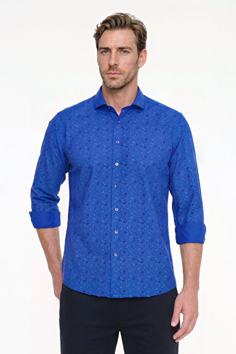 Pamuklu Slim Fit Dar Kesim Küçük İtalyan Yaka Baskılı Saks-Mavi Gömlek resmi
