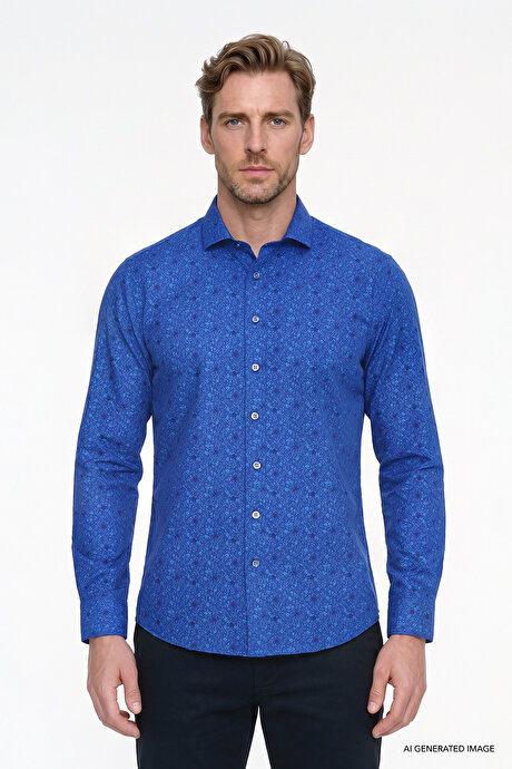 Pamuklu Slim Fit Dar Kesim Küçük İtalyan Yaka Baskılı Saks-Mavi Gömlek resmi