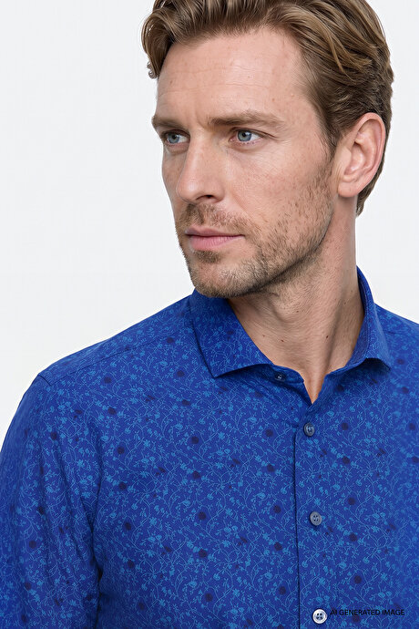 Pamuklu Slim Fit Dar Kesim Küçük İtalyan Yaka Baskılı Saks-Mavi Gömlek resmi