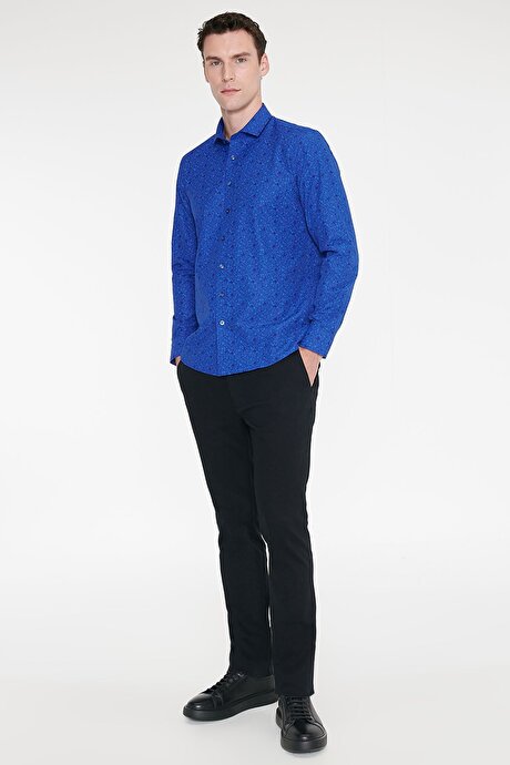 Pamuklu Slim Fit Dar Kesim Küçük İtalyan Yaka Baskılı Saks-Mavi Gömlek resmi