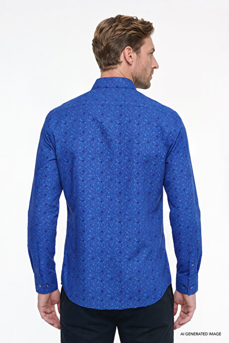 Pamuklu Slim Fit Dar Kesim Küçük İtalyan Yaka Baskılı Saks-Mavi Gömlek resmi