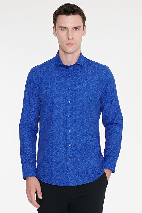 Pamuklu Slim Fit Dar Kesim Küçük İtalyan Yaka Baskılı Saks-Mavi Gömlek resmi