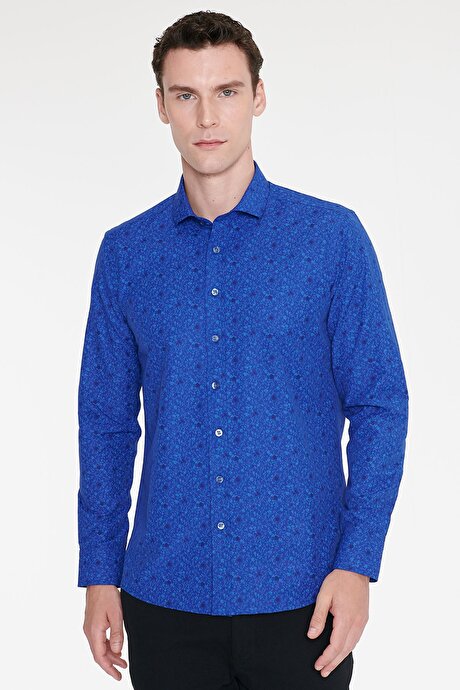 Pamuklu Slim Fit Dar Kesim Küçük İtalyan Yaka Baskılı Saks-Mavi Gömlek resmi