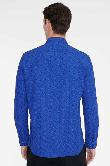 Pamuklu Slim Fit Dar Kesim Küçük İtalyan Yaka Baskılı Saks-Mavi Gömlek resmi