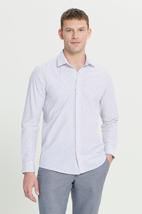 Pamuklu Slim Fit Dar Kesim Klasik Yaka Baskılı Beyaz Kırmızı Gömlek resmi