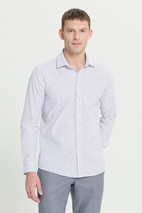 Pamuklu Slim Fit Dar Kesim Klasik Yaka Baskılı Beyaz Kırmızı Gömlek resmi