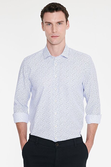 Pamuklu Slim Fit Dar Kesim Klasik Yaka Baskılı Beyaz-Mavi Gömlek resmi