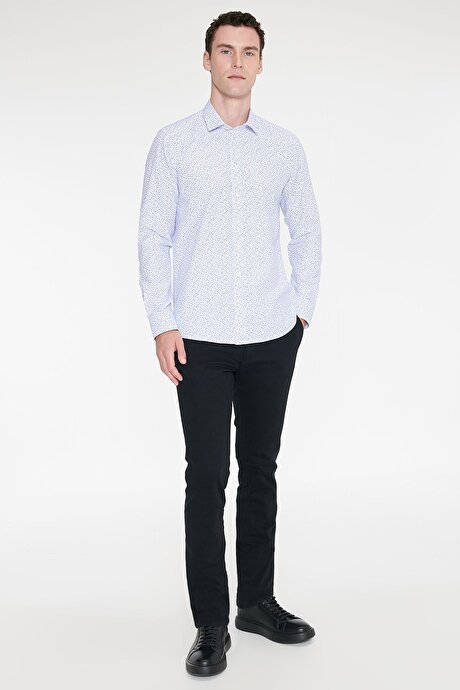 Pamuklu Slim Fit Dar Kesim Klasik Yaka Baskılı Beyaz-Mavi Gömlek resmi