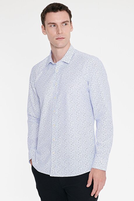 Pamuklu Slim Fit Dar Kesim Klasik Yaka Baskılı Beyaz-Mavi Gömlek resmi