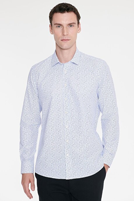 Pamuklu Slim Fit Dar Kesim Klasik Yaka Baskılı Beyaz-Mavi Gömlek resmi