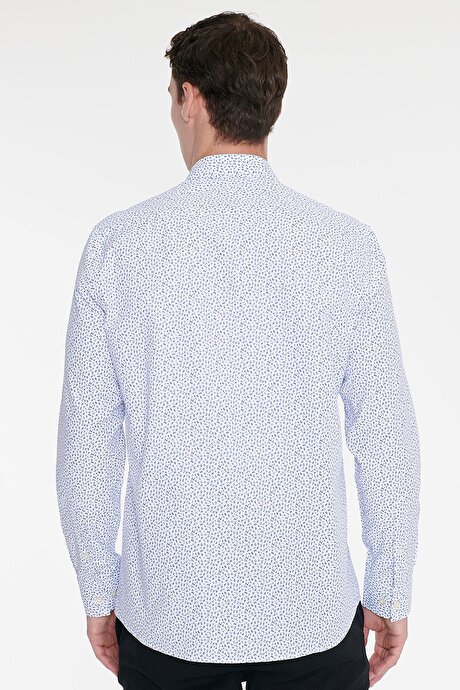 Pamuklu Slim Fit Dar Kesim Klasik Yaka Baskılı Beyaz-Mavi Gömlek resmi