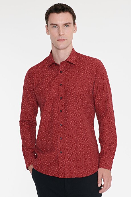 Pamuklu Slim Fit Dar Kesim Klasik Yaka Baskılı Kırmızı-Siyah Gömlek resmi