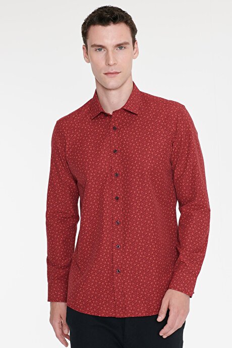Pamuklu Slim Fit Dar Kesim Klasik Yaka Baskılı Kırmızı-Siyah Gömlek resmi
