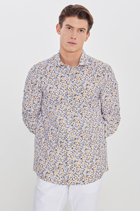 Pamuklu Slim Fit Dar Kesim Büyük İtalyan Yaka Baskılı Beyaz-Sarı Gömlek resmi