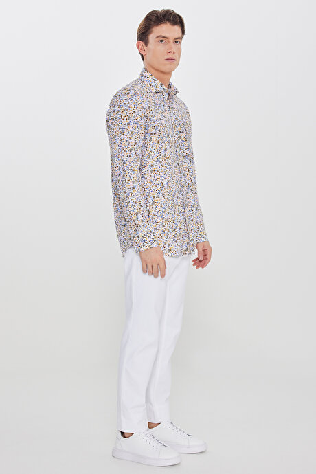 Pamuklu Slim Fit Dar Kesim Büyük İtalyan Yaka Baskılı Beyaz-Sarı Gömlek resmi