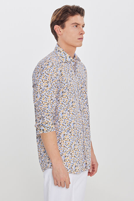 Pamuklu Slim Fit Dar Kesim Büyük İtalyan Yaka Baskılı Beyaz-Sarı Gömlek resmi