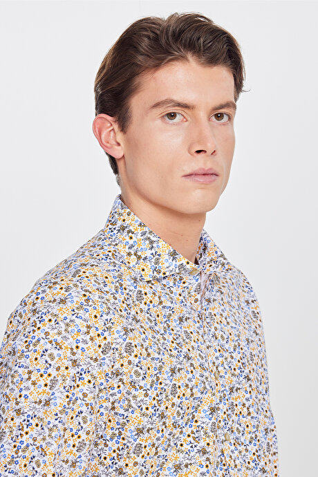 Pamuklu Slim Fit Dar Kesim Büyük İtalyan Yaka Baskılı Beyaz-Sarı Gömlek resmi