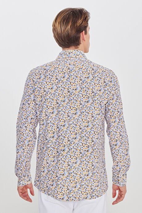 Pamuklu Slim Fit Dar Kesim Büyük İtalyan Yaka Baskılı Beyaz-Sarı Gömlek resmi