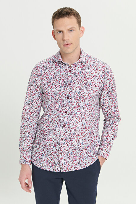 Pamuklu Slim Fit Dar Kesim Büyük İtalyan Yaka Baskılı Beyaz Kırmızı Gömlek resmi