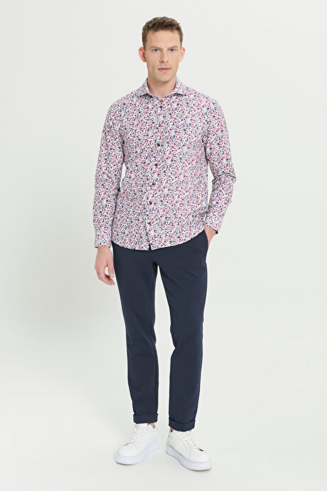 Pamuklu Slim Fit Dar Kesim Büyük İtalyan Yaka Baskılı Beyaz Kırmızı Gömlek resmi